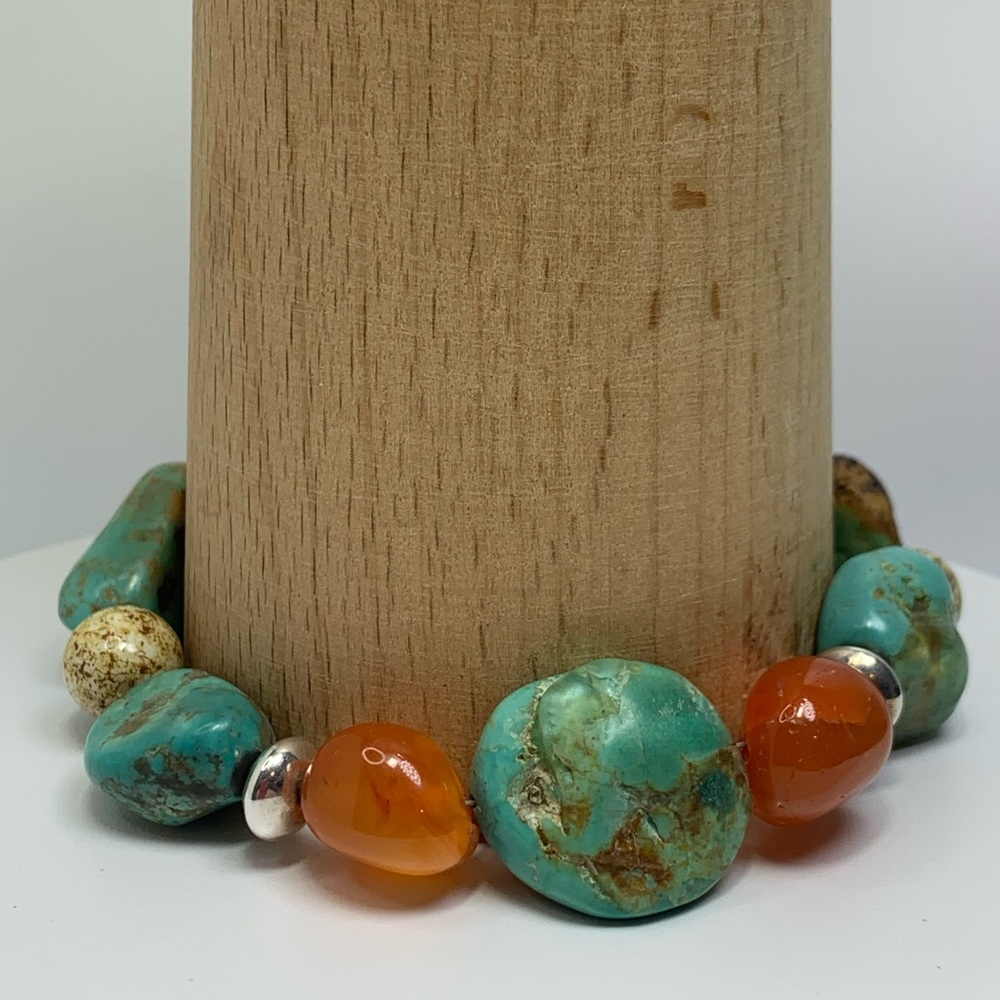 Vintage RAGE Sterling Silver, Turquoise & Carnelian Toggle Clasp Beaded Bracelet - Picture 2 of 15